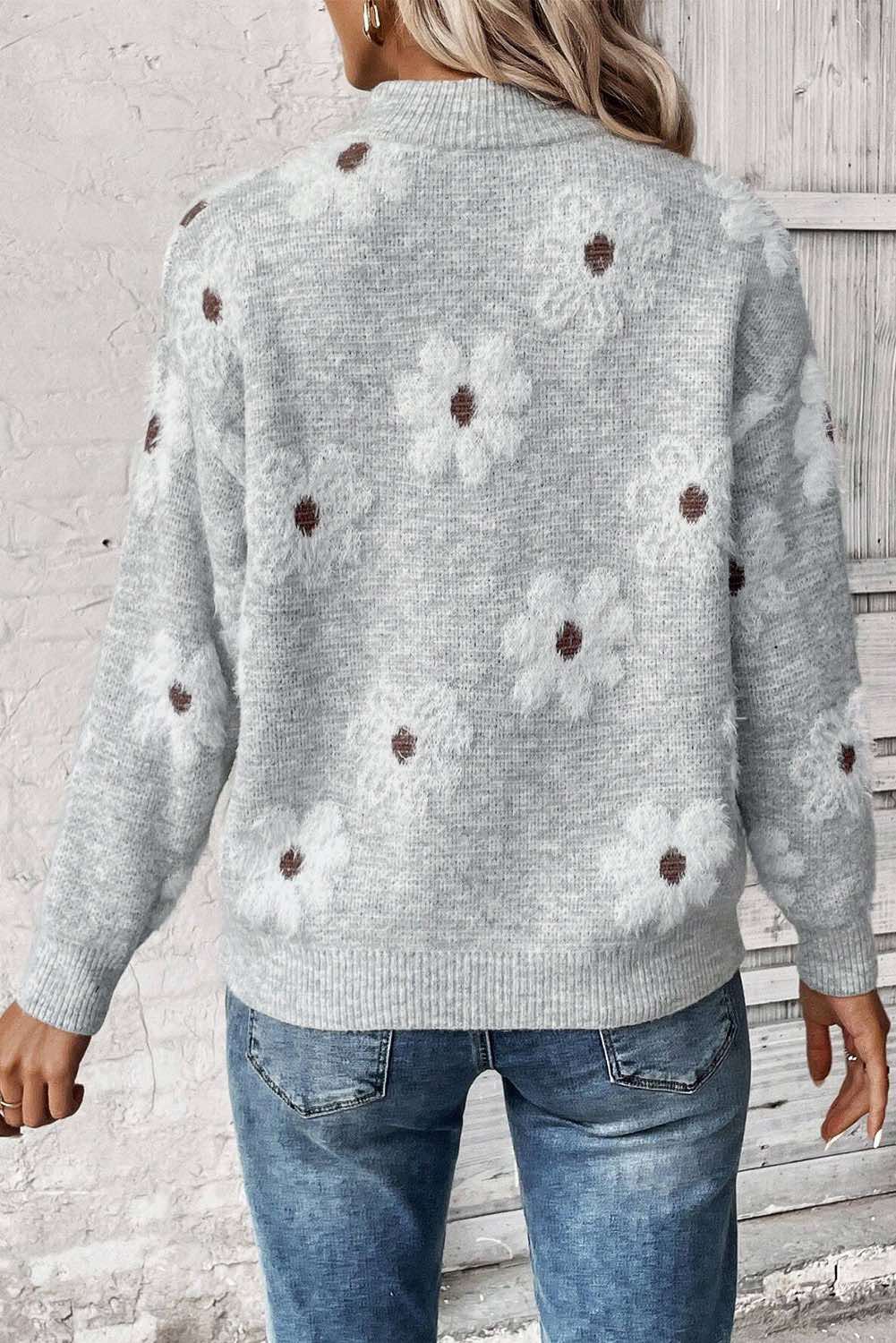 Floral Pattern Half Zip Drop Shoulder Sweater