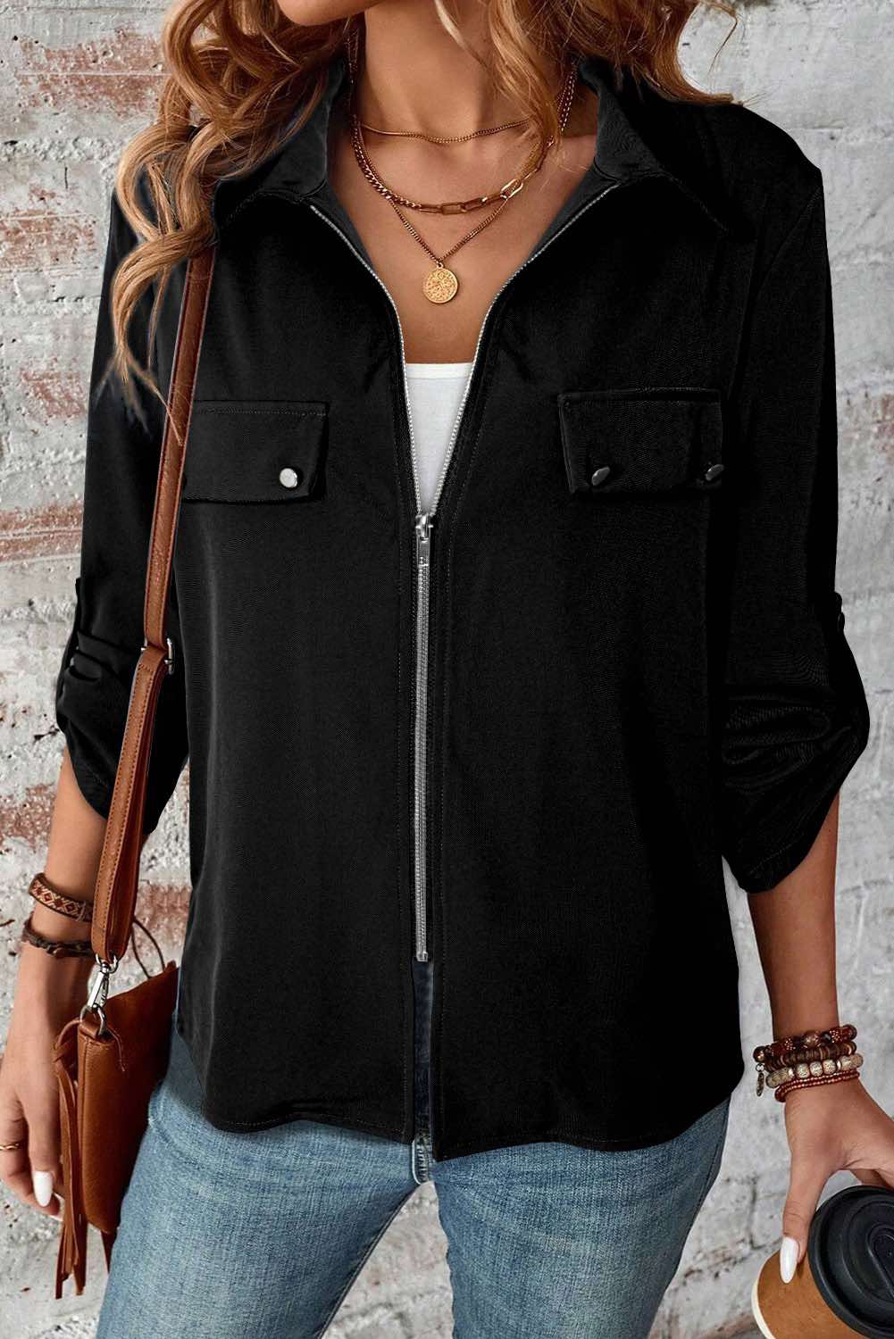 Black Collar Tab Sleeve Zip Up Flap Detail Jacket