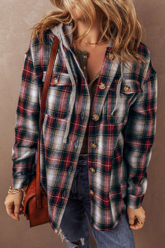 Plaid Print Chest Pocket Buttoned Hooded Shacket