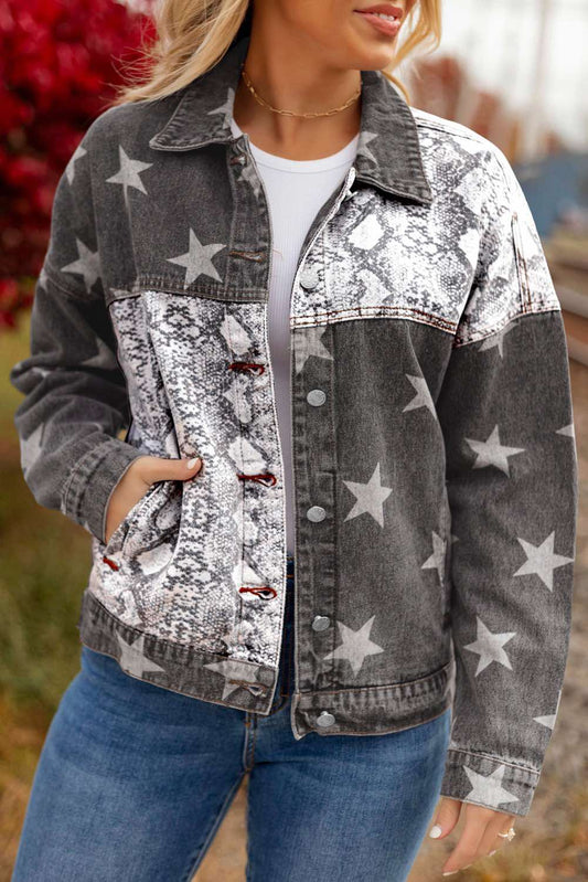 Star Snakeskin Printed Patchwork Denim Jacket