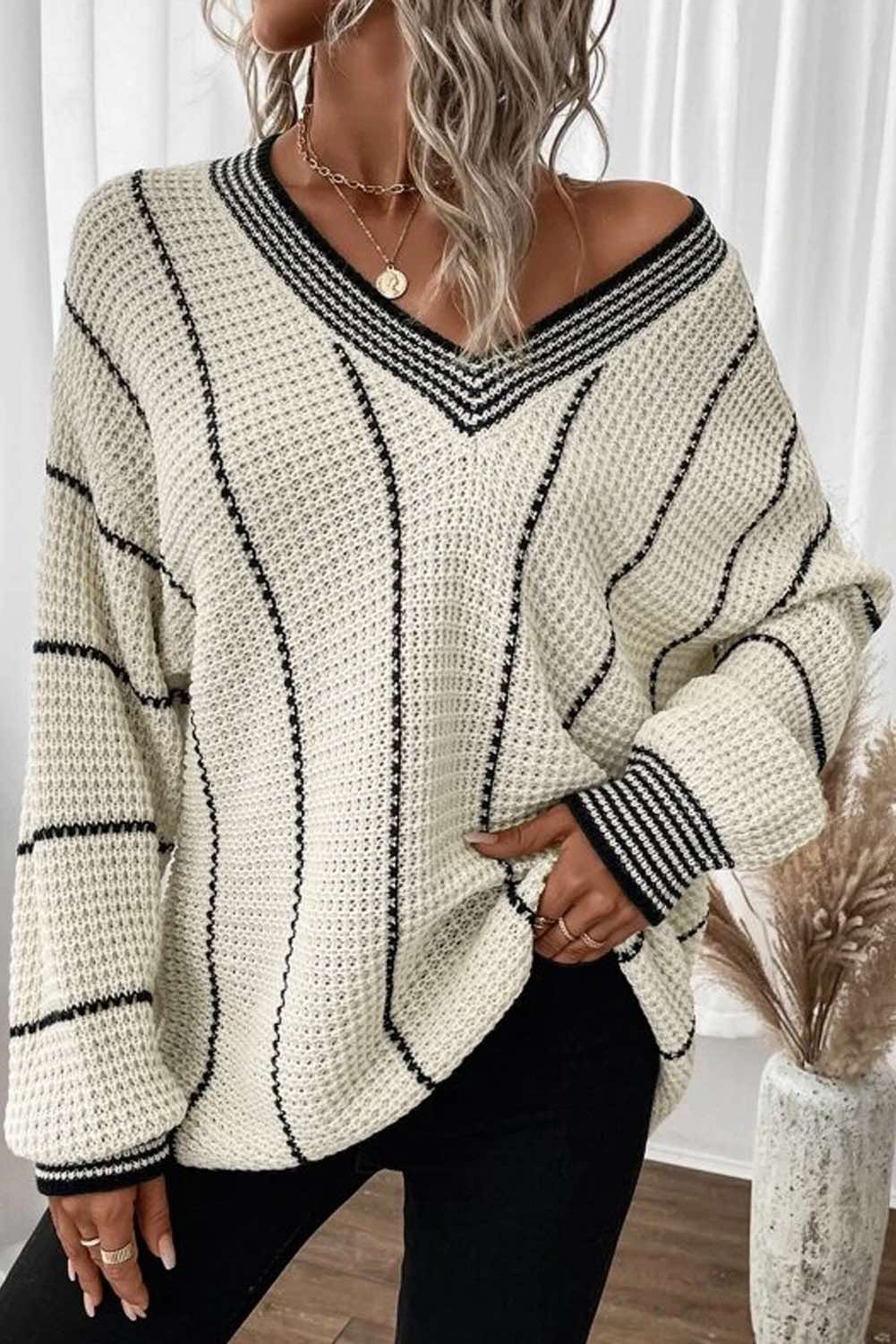 Color block Striped V Neck Knitted Loose Sweater