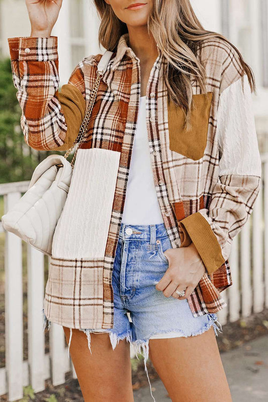 Plaid Color Block Patchwork Shirt Jacket with Pocket