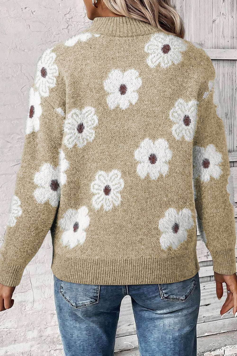 Floral Pattern Half Zip Drop Shoulder Sweater