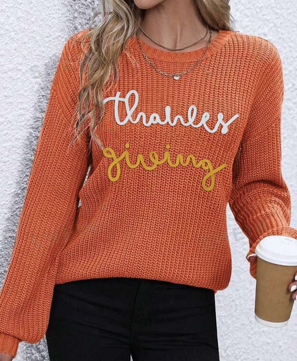 Thanks Giving Letter Graphic Crew Neck Sweater