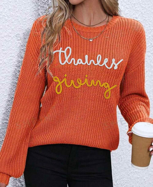 Thanks Giving Letter Graphic Crew Neck Sweater