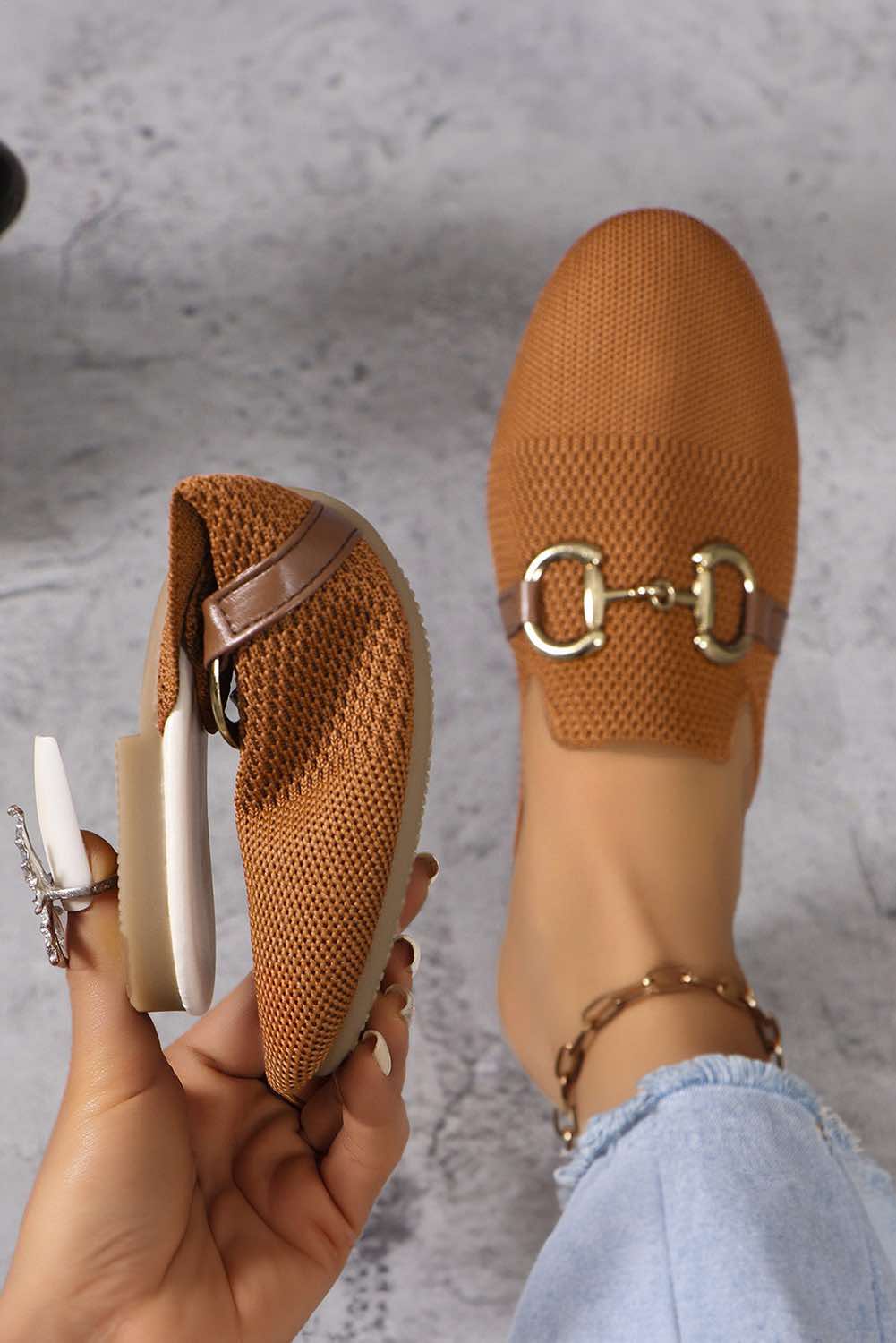 Leather Strap Buckle Decor Slip On Flats