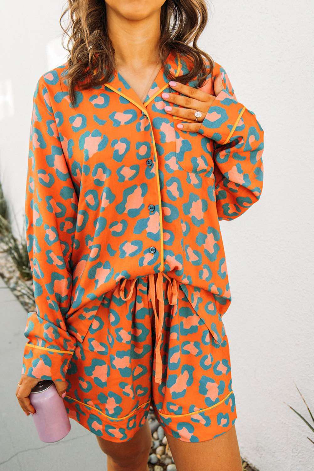 Leopard Print Long Sleeve Shirt and Shorts Pajama Set