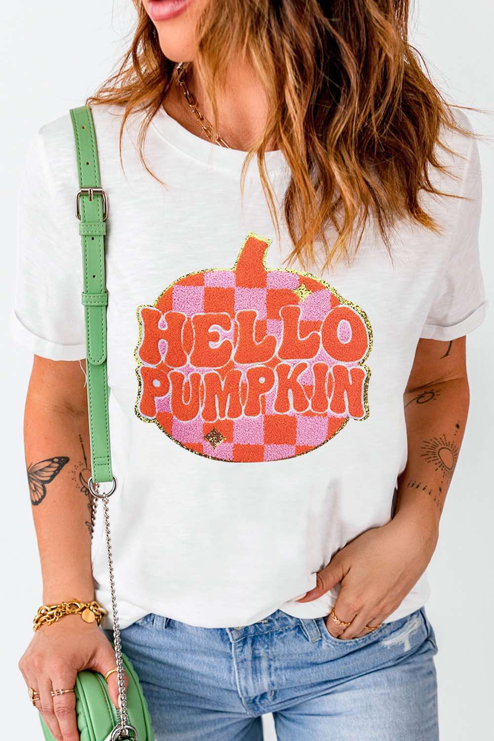 White Chenille Checkerboard Hello Pumpkin Patched Pattern T-Shirt