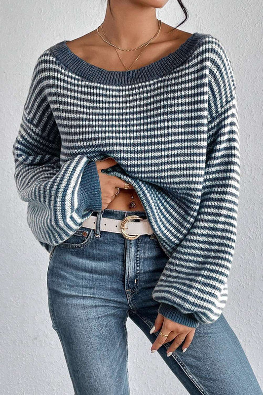 Striped Lantern Sleeve Drop Shoulder Cozy Sweater