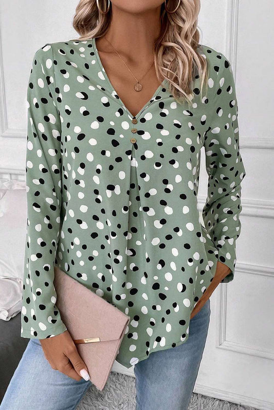 Polka Dot Print Button Front V Neck Blouse