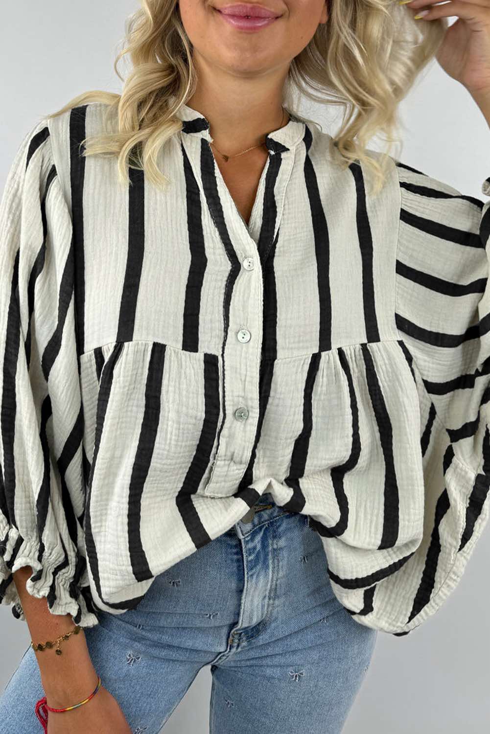 Stripe Crinkled Ruffled Sleeve Button up Loose Shirt