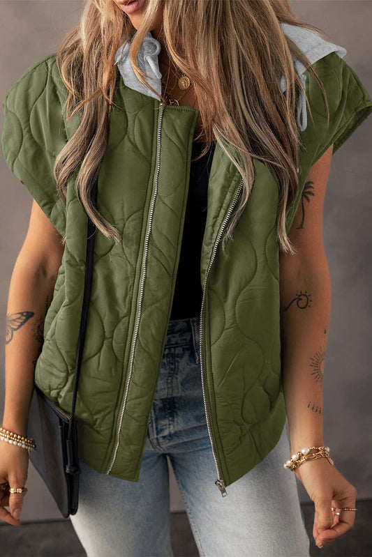 Quilted Drawstring Hooded Zip Up Puffer Vest