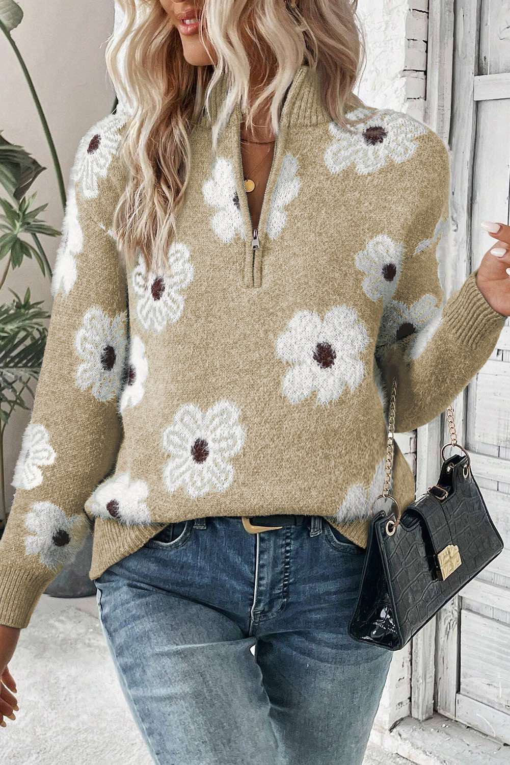 Floral Pattern Half Zip Drop Shoulder Sweater