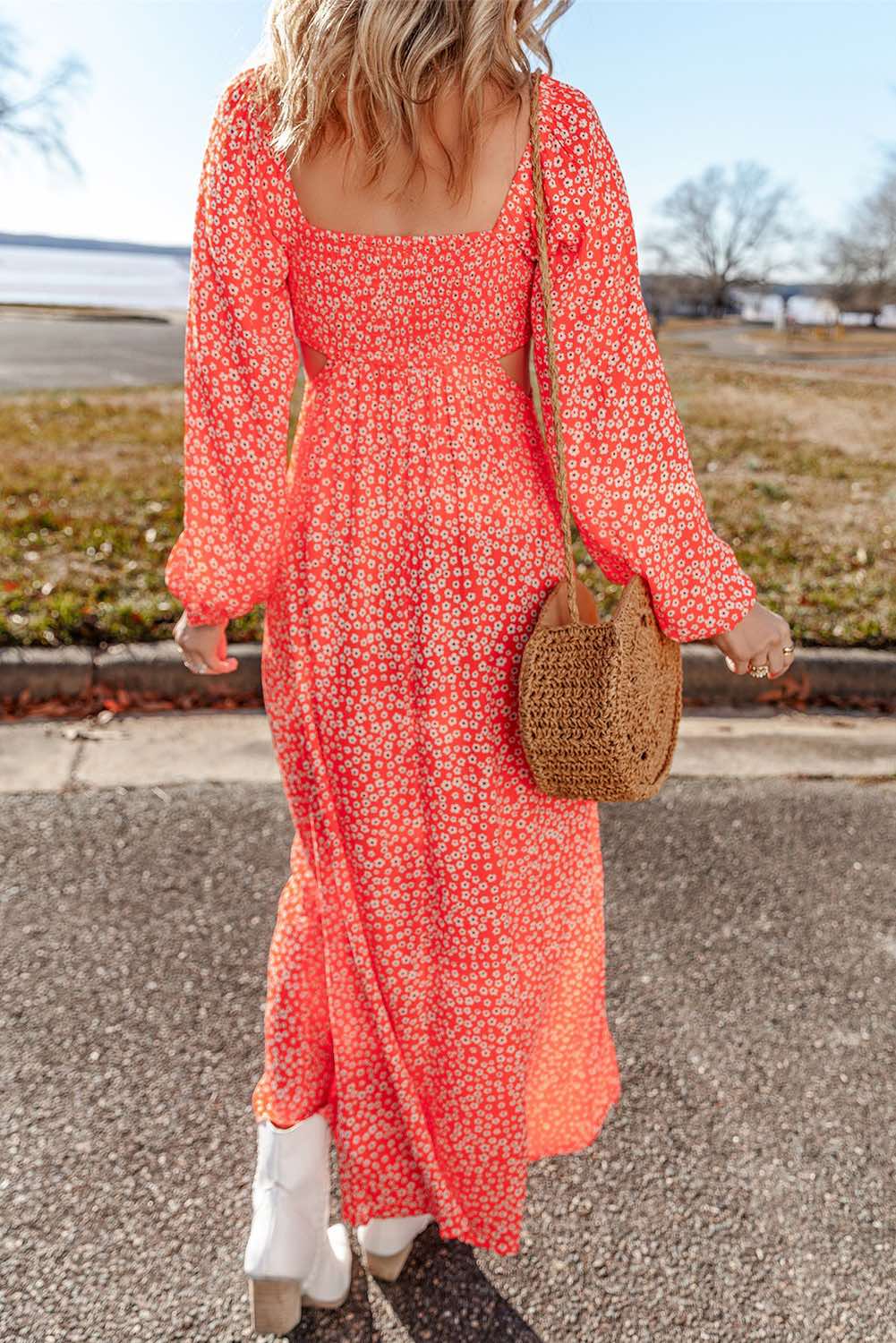 Red Floral Long Puff Sleeve V Neck Hollow Out Dress