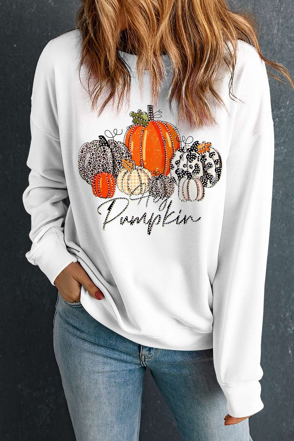 Rhinestone Pumpkin Graphic Crewneck Sweatshirt