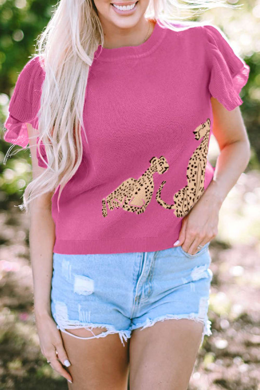 Pink Leopard Ruffled Sleeve Round Neck Knit Sweater