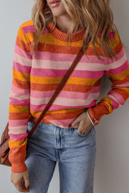 Color Block Ribbed Edge Round Neck Sweater