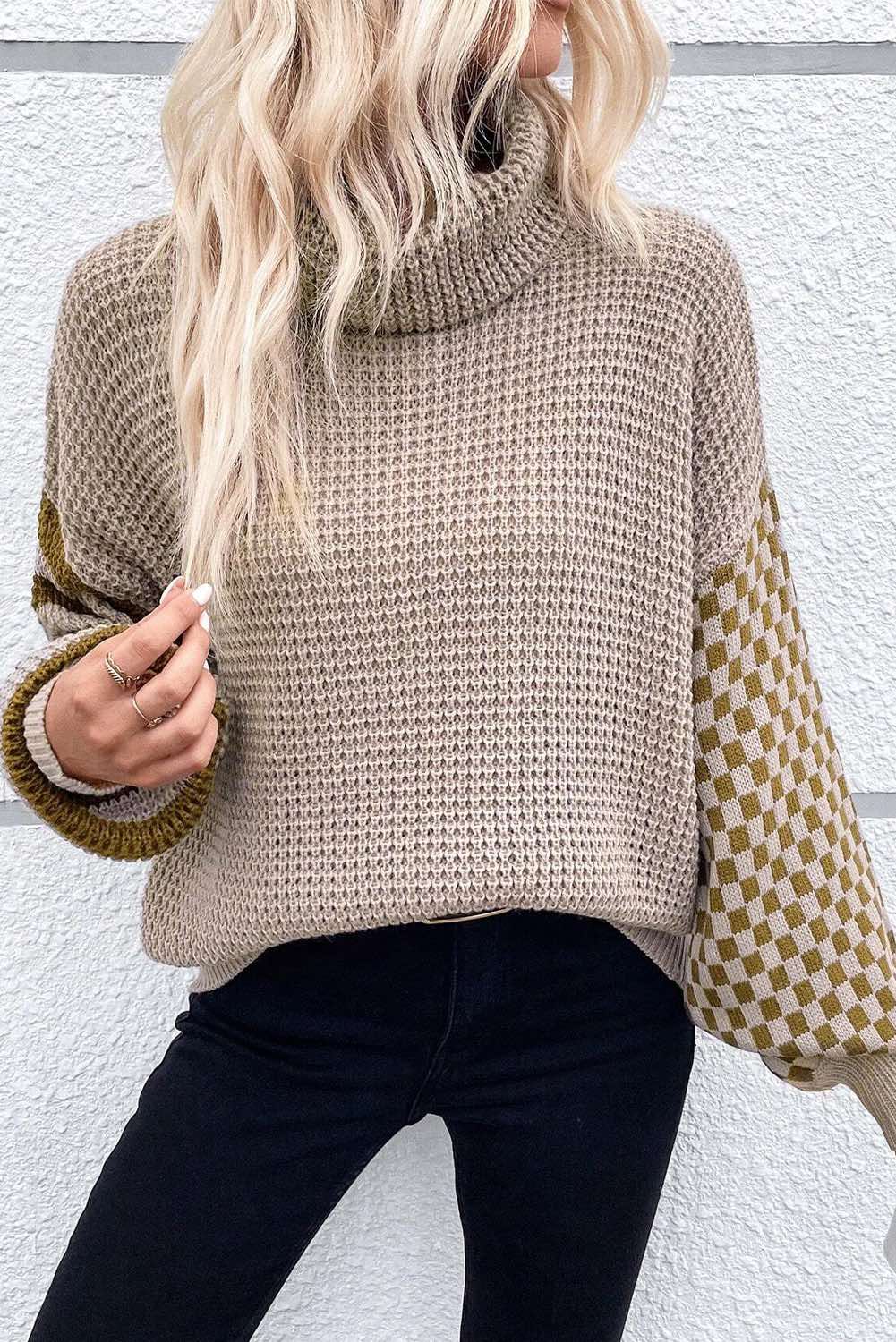 Striped Plaid Patchwork Waffle Knit Turtleneck Sweater