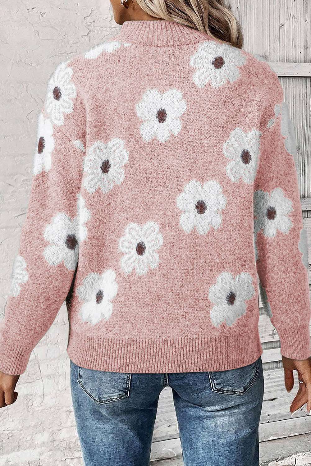 Floral Pattern Half Zip Drop Shoulder Sweater