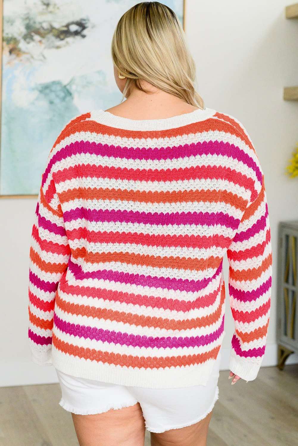 Stripe V Neck Drop Shoulder Plus Size Sweater