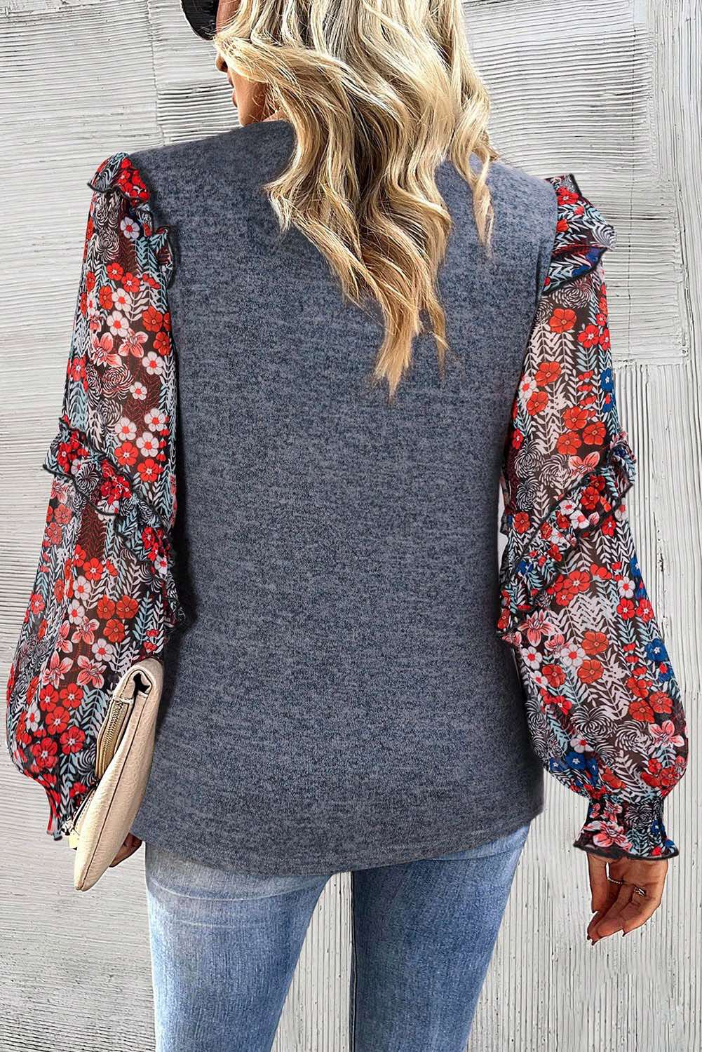 Ruffle Tiered Floral Sleeve Crew Neck Blouse