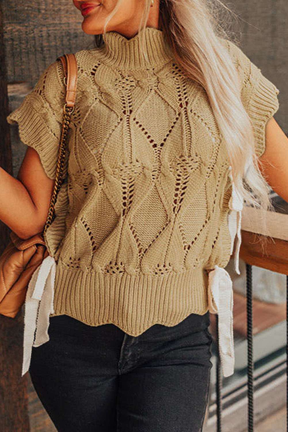 Light French Beige Hollowed Knit Scalloped Trim High Neck Sweater