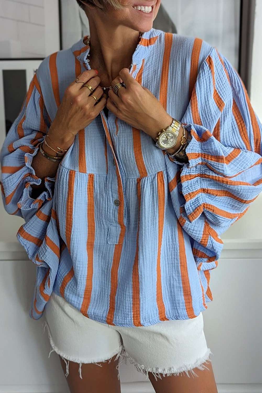 Stripe Crinkled Ruffled Sleeve Button up Loose Shirt