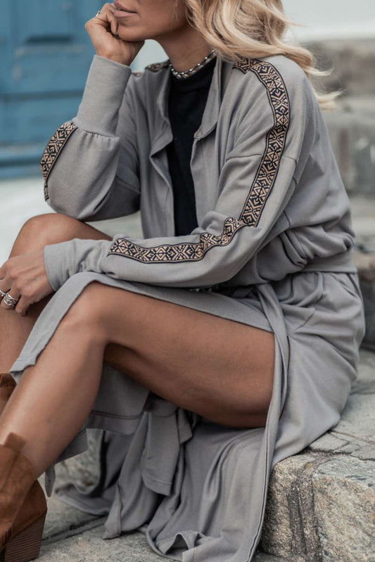 Grey Aztec Accent Side Slit Open Front Long Cardigan