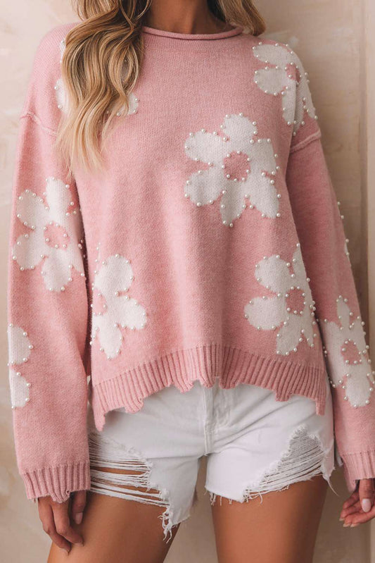 Pearl Beaded Floral Drop Shoulder Sweater