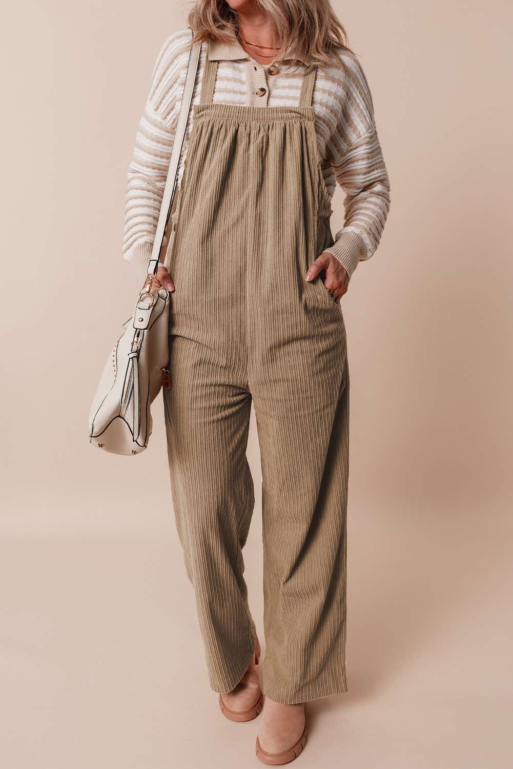 Solid Pocketed Loose Fit Corduroy Overall