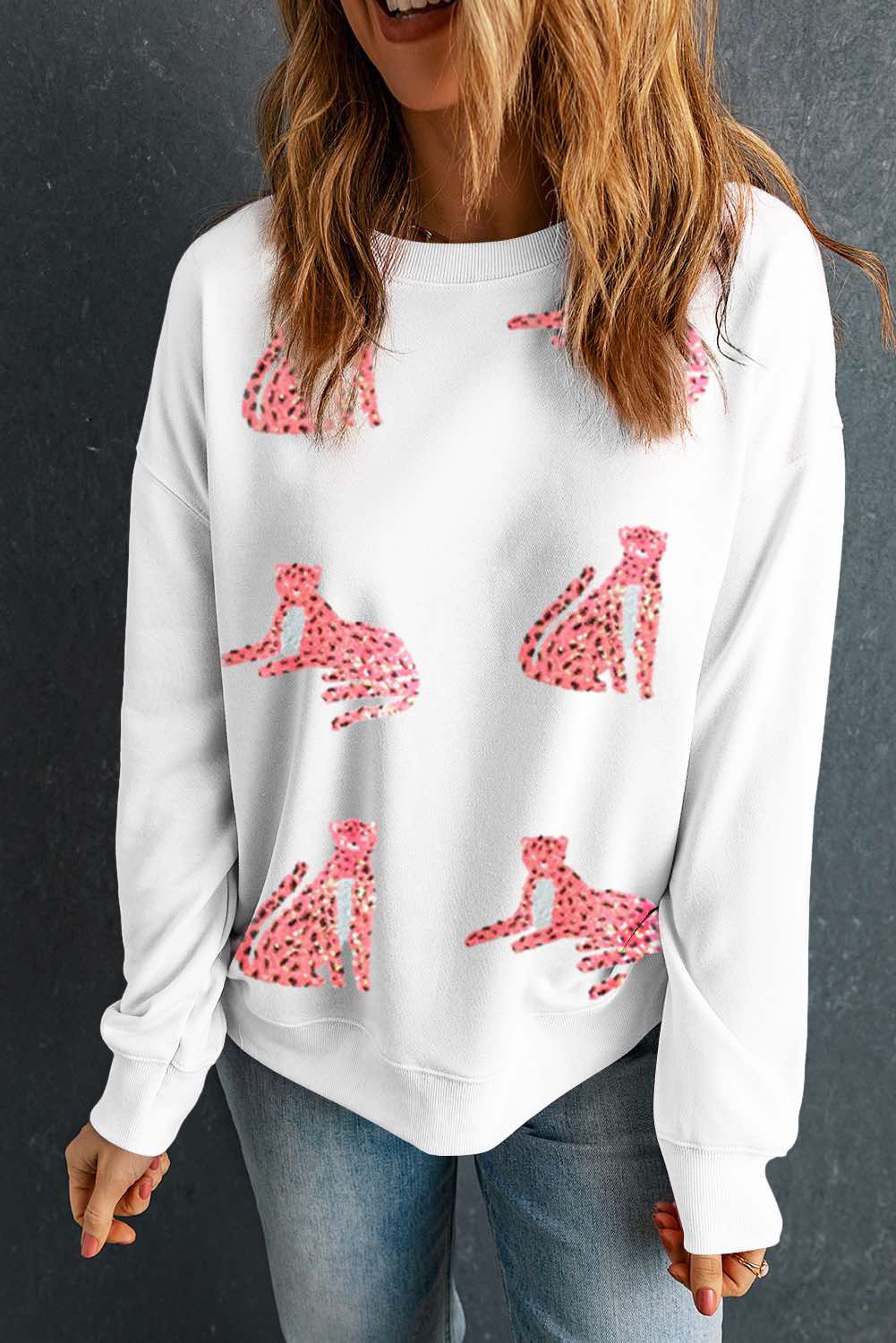 Sequin Cheetah O Neck Drop Shoulder Sweatshirt