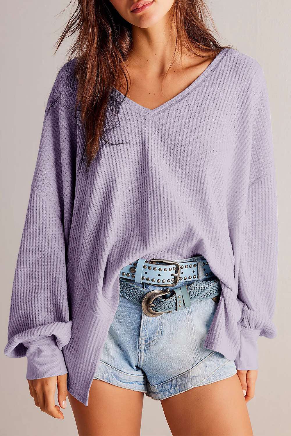 Waffle V Neck Long Sleeve Drop Shoulder Loose Blouse