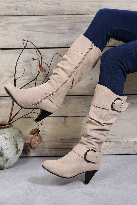 Dual Buckle Strap Side Zip Heeled Mid Calf Boots