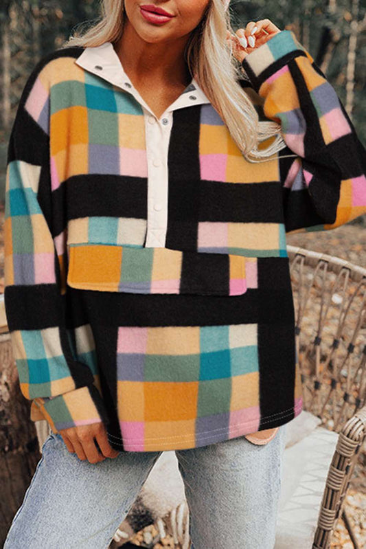 Plaid Print Pocketed Half Button Collared Sweatshirt