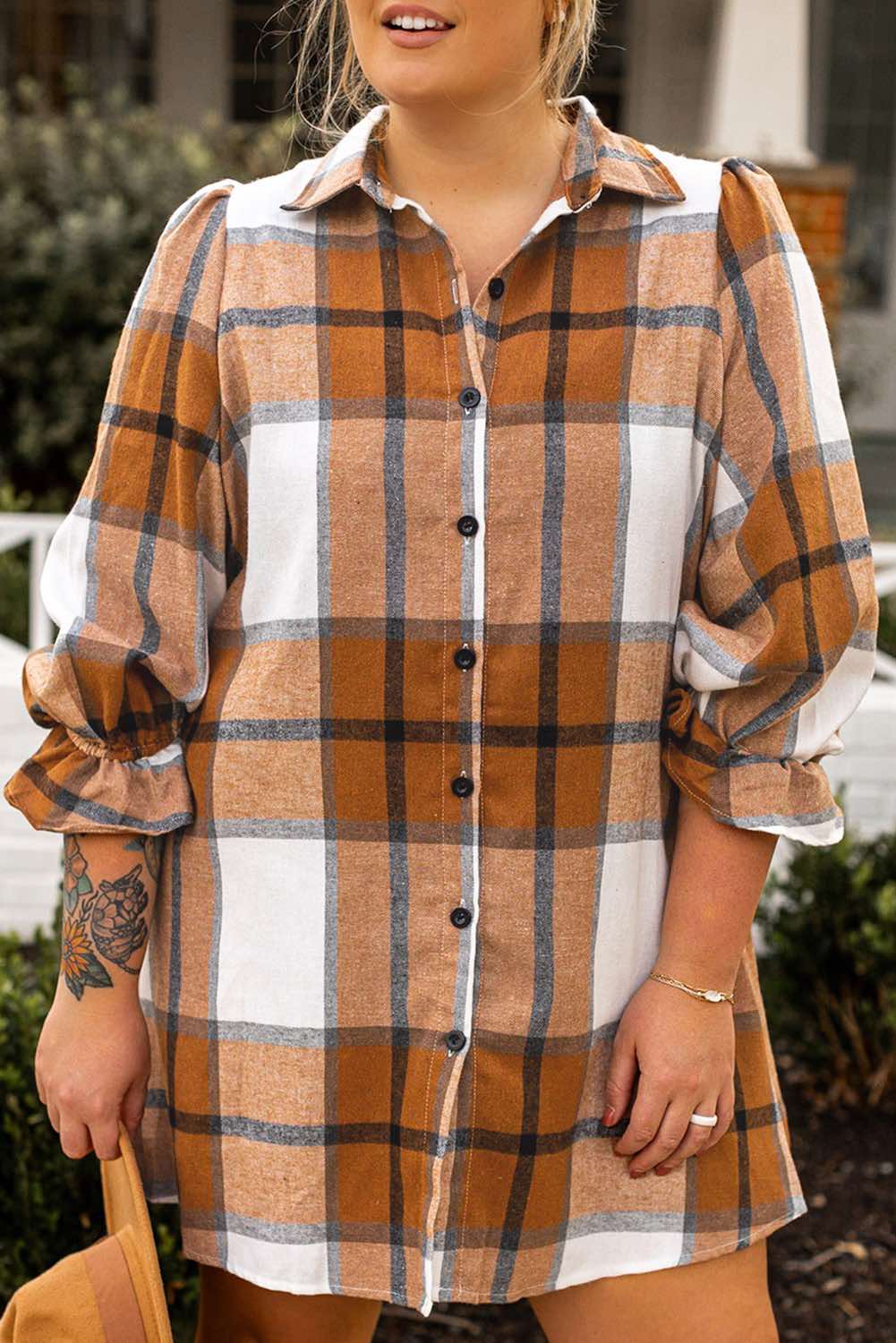 Plaid Flounce Sleeve Button up Shirt Dress