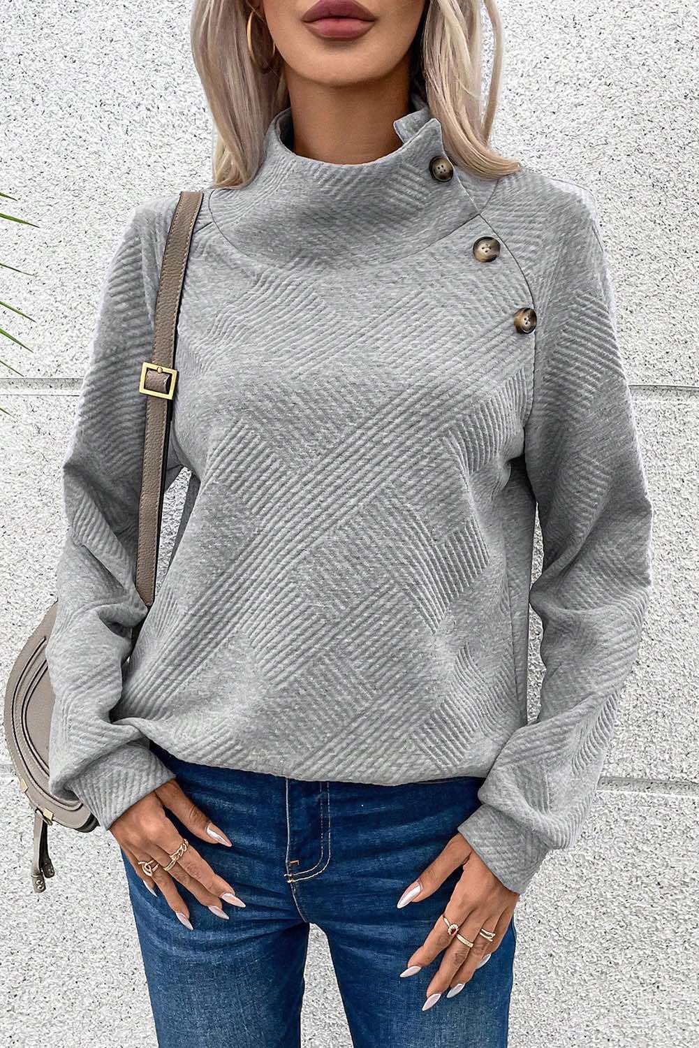 Asymmetric Buttons Detail High Neck Textured Sweatshirt