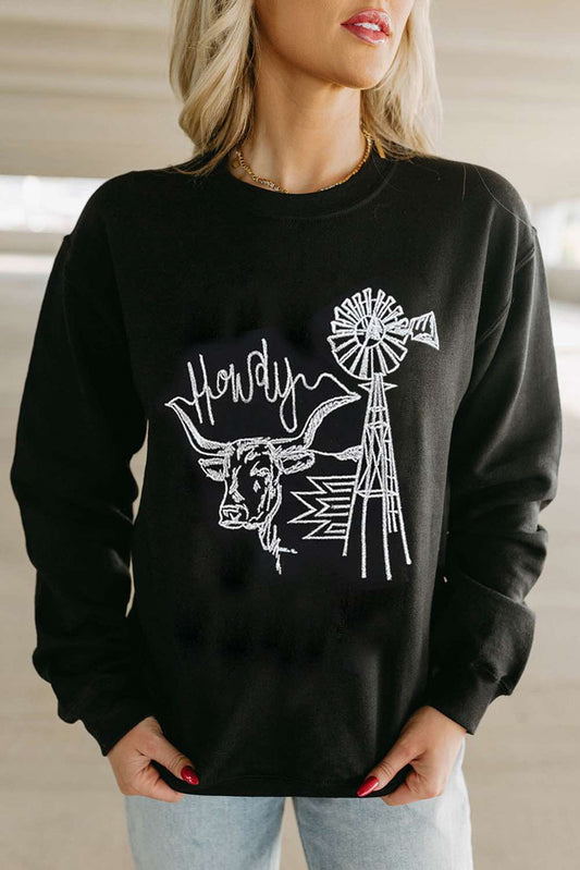 Embroidered Howdy Cow Western Graphic Crew Neck Sweatshirt