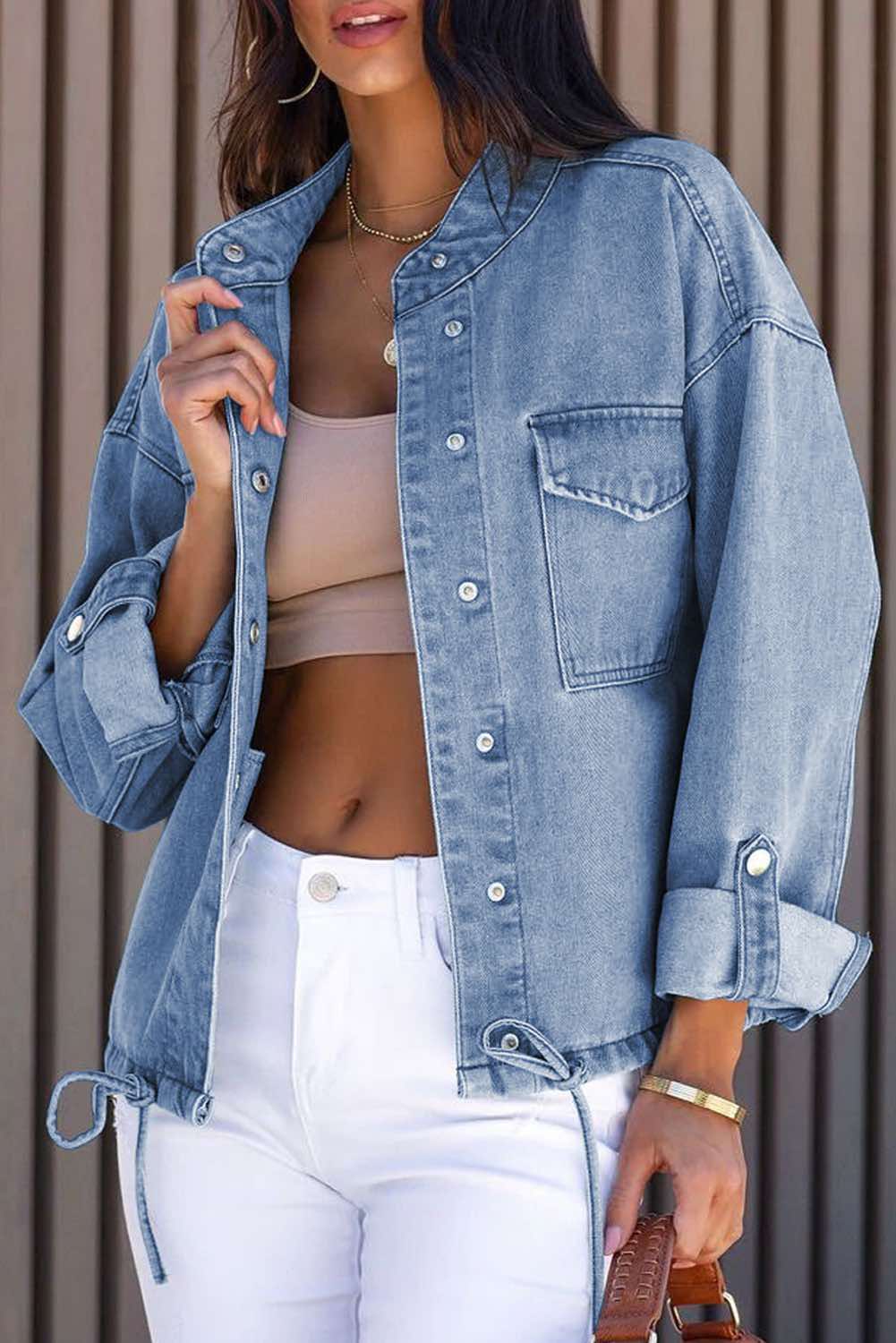 Roll-Up Tab Sleeve Button Down Pocket Denim Jacket