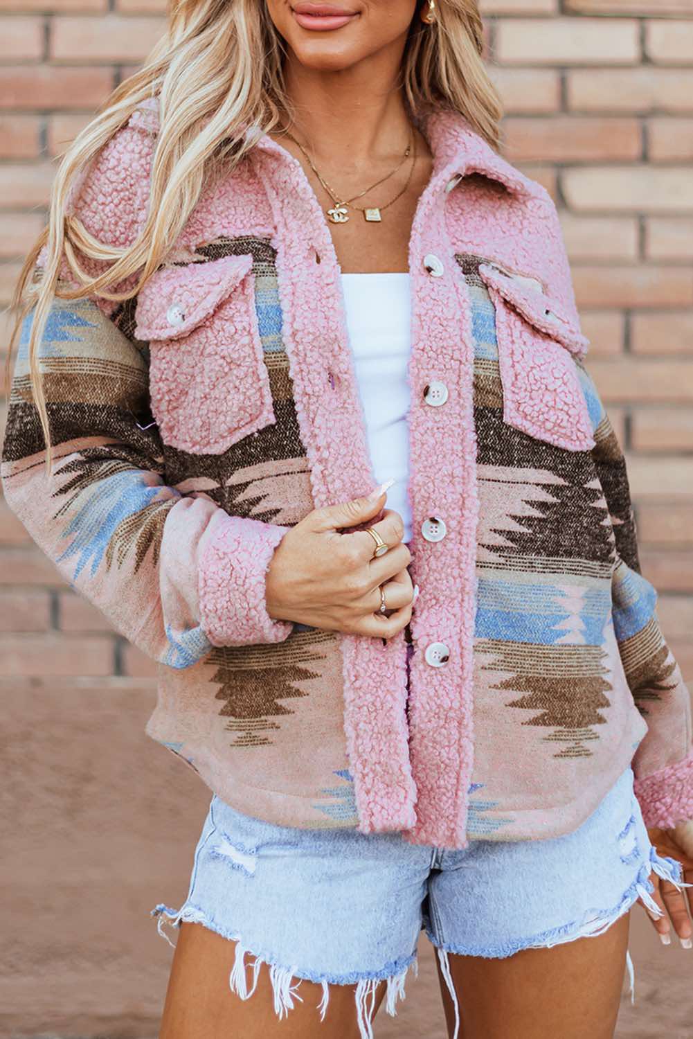 Western Aztec Print Sherpa Splicing Buttoned Flap Pocket Coat