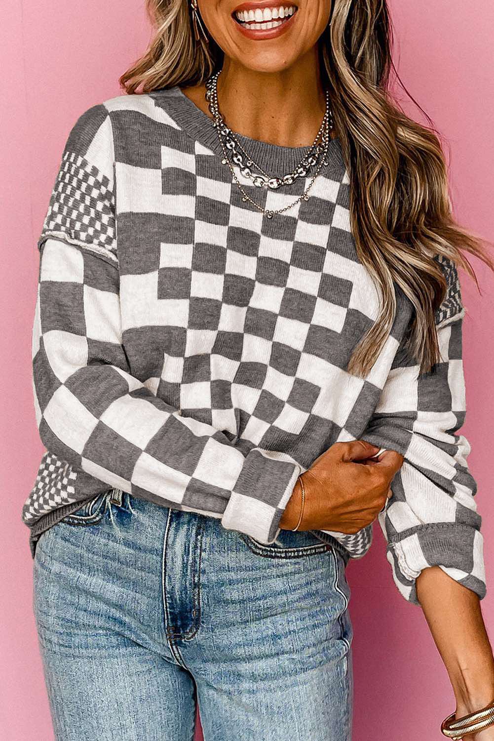 Checkered Print Drop Shoulder Round Neck Sweate