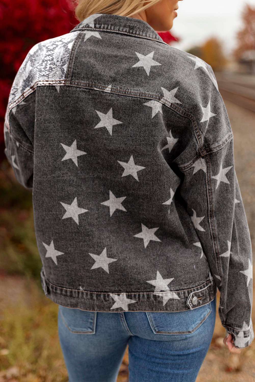 Star Snakeskin Printed Patchwork Denim Jacket