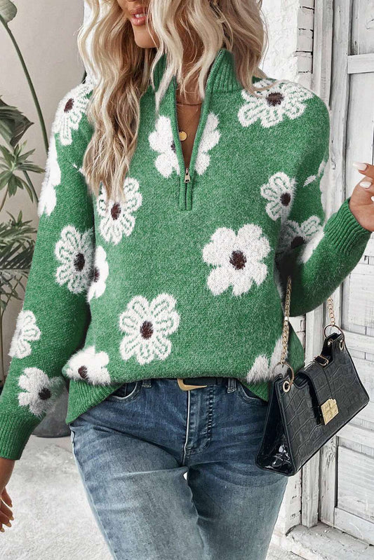 Floral Pattern Half Zip Drop Shoulder Sweater