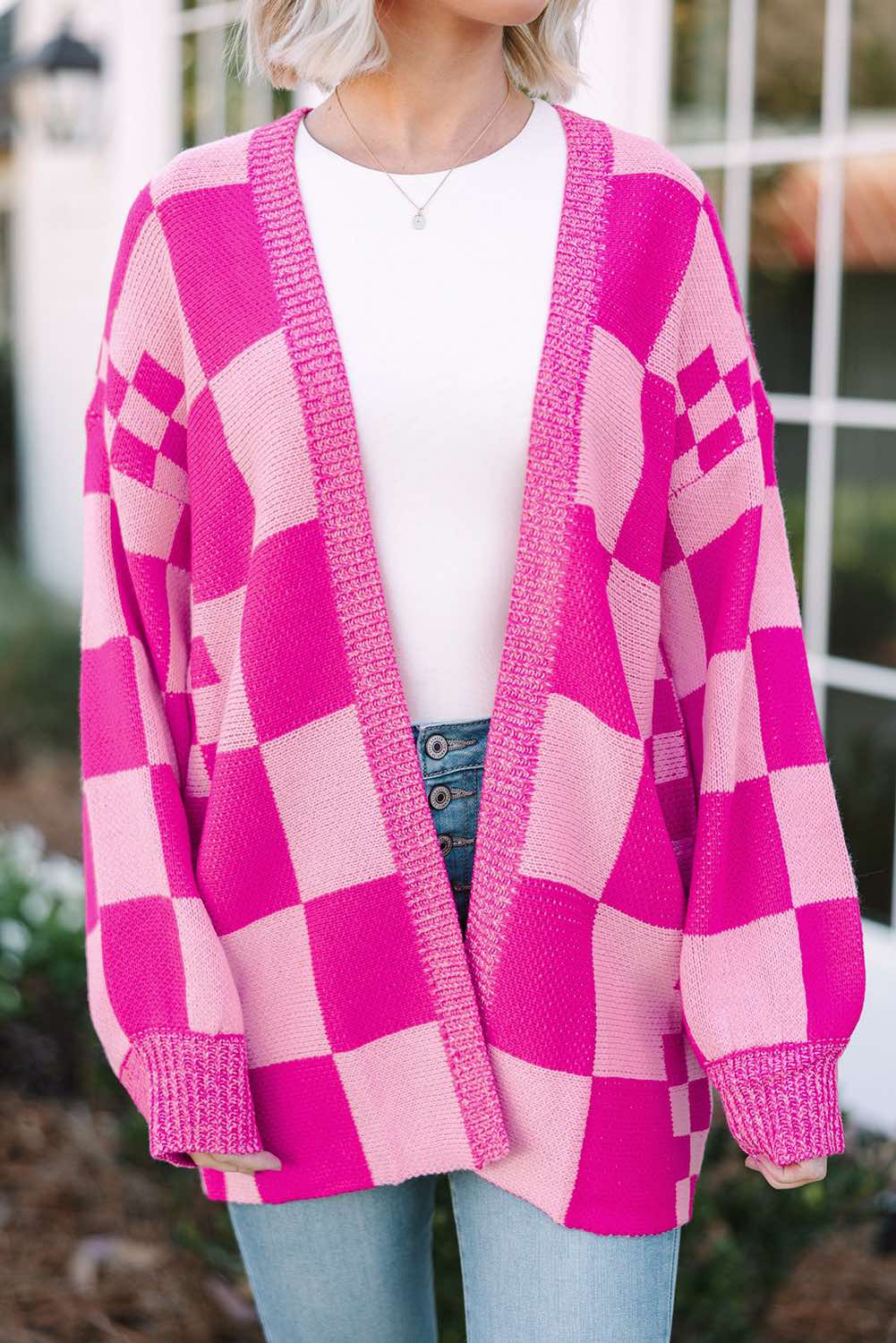 Checkered Printed Ribbed Trim Open Front Cardigan