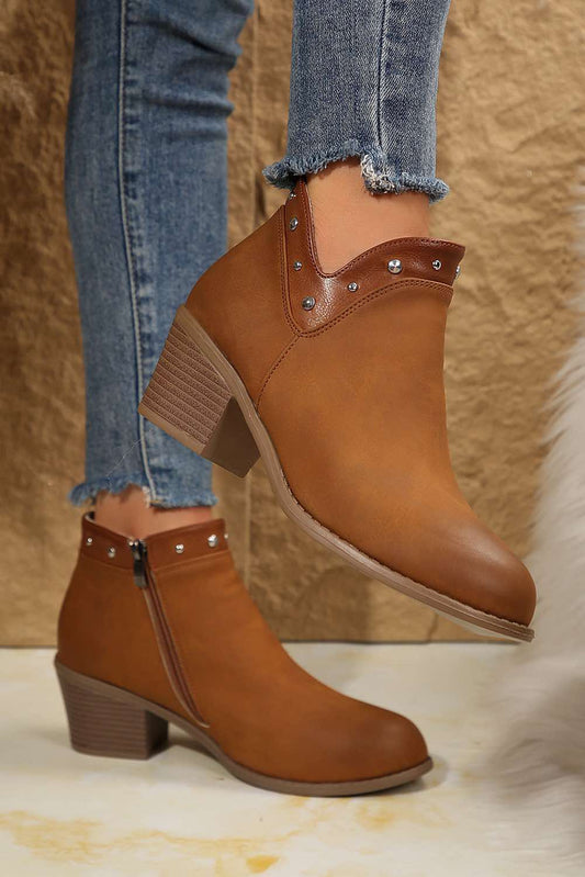 Chestnut Studded Faux Leather Chunky Heel Ankle Boots