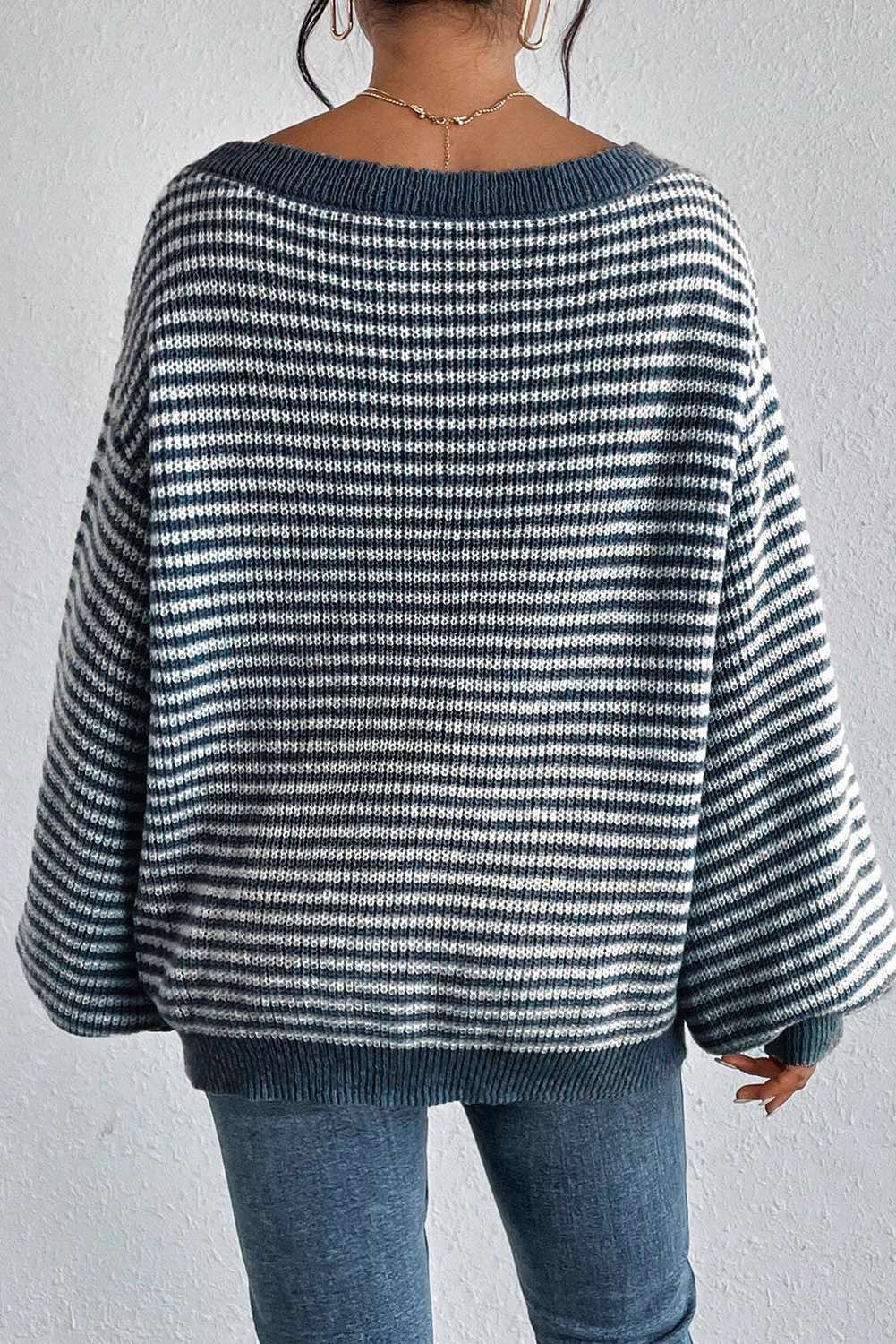 Striped Lantern Sleeve Drop Shoulder Cozy Sweater