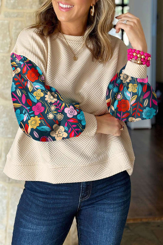 Floral Sleeve Textured Drop Shoulder Knit Top