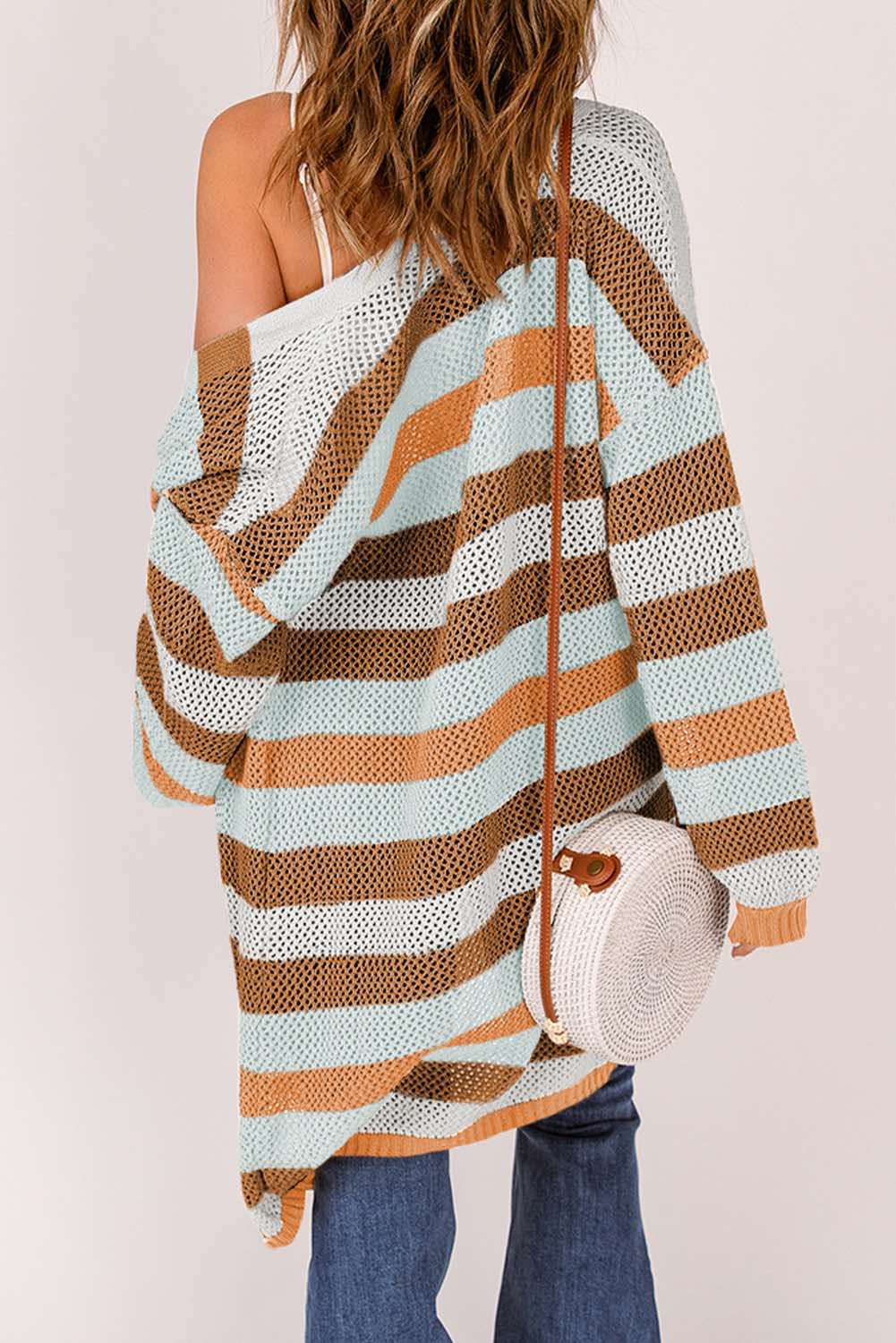 Striped Color Block Hollowed Knit Cardigan