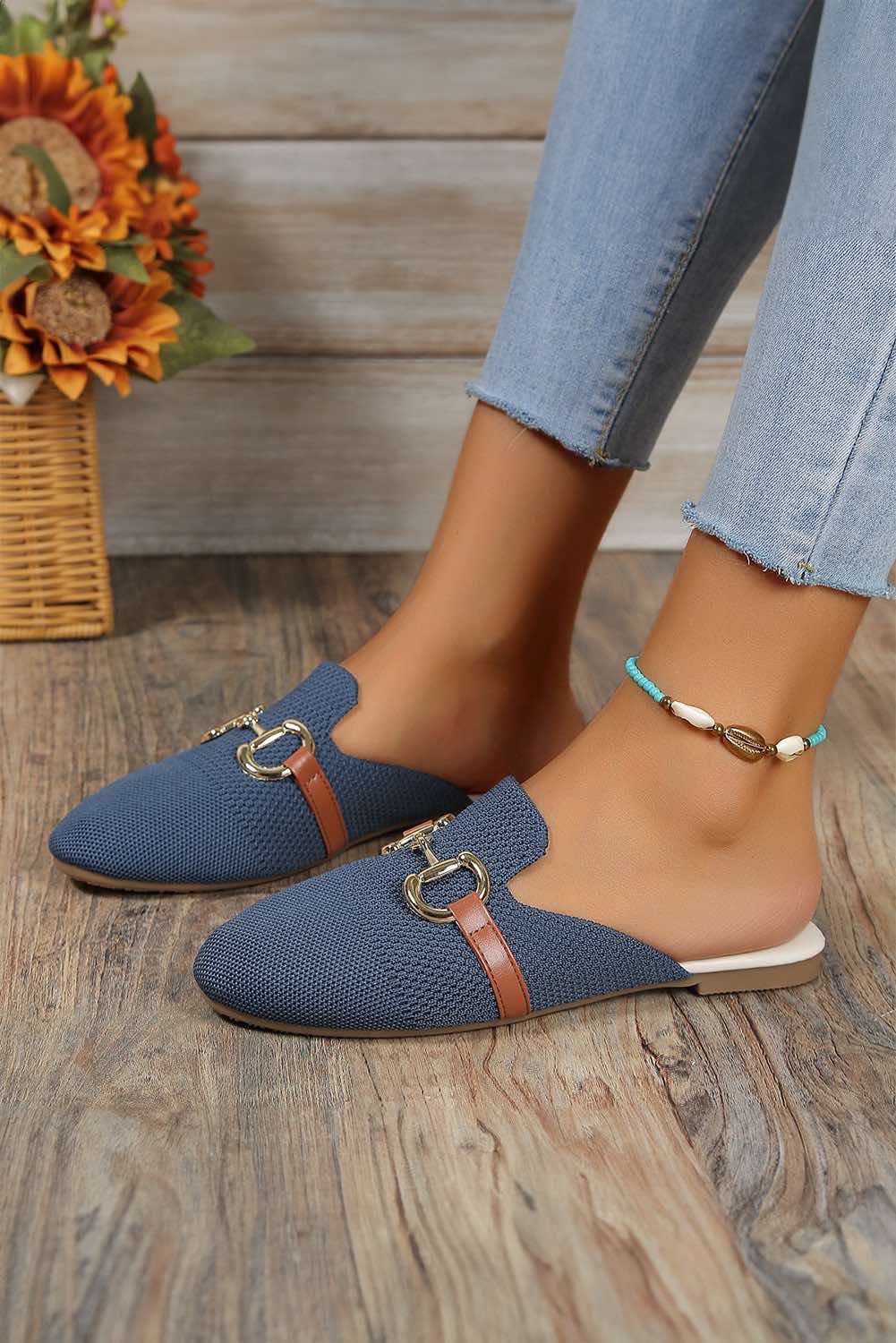 Leather Strap Buckle Decor Slip On Flats