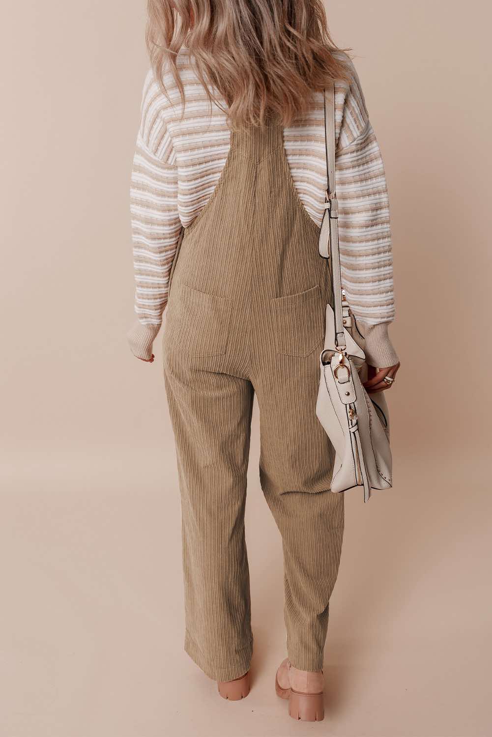 Solid Pocketed Loose Fit Corduroy Overall