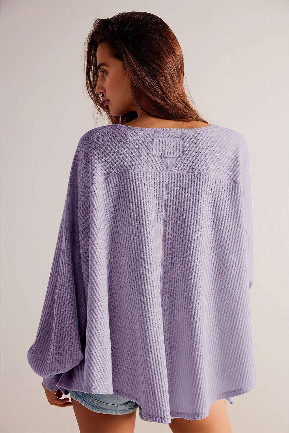 Waffle V Neck Long Sleeve Drop Shoulder Loose Blouse